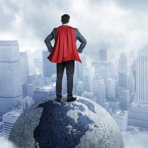 man with cape on top of world
